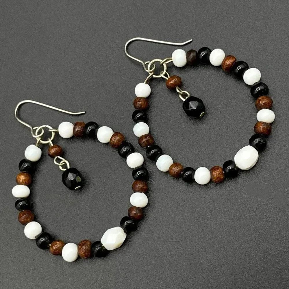 Silver Round White and Brown Beaded Hoop Dangling Drop Hook Earrings